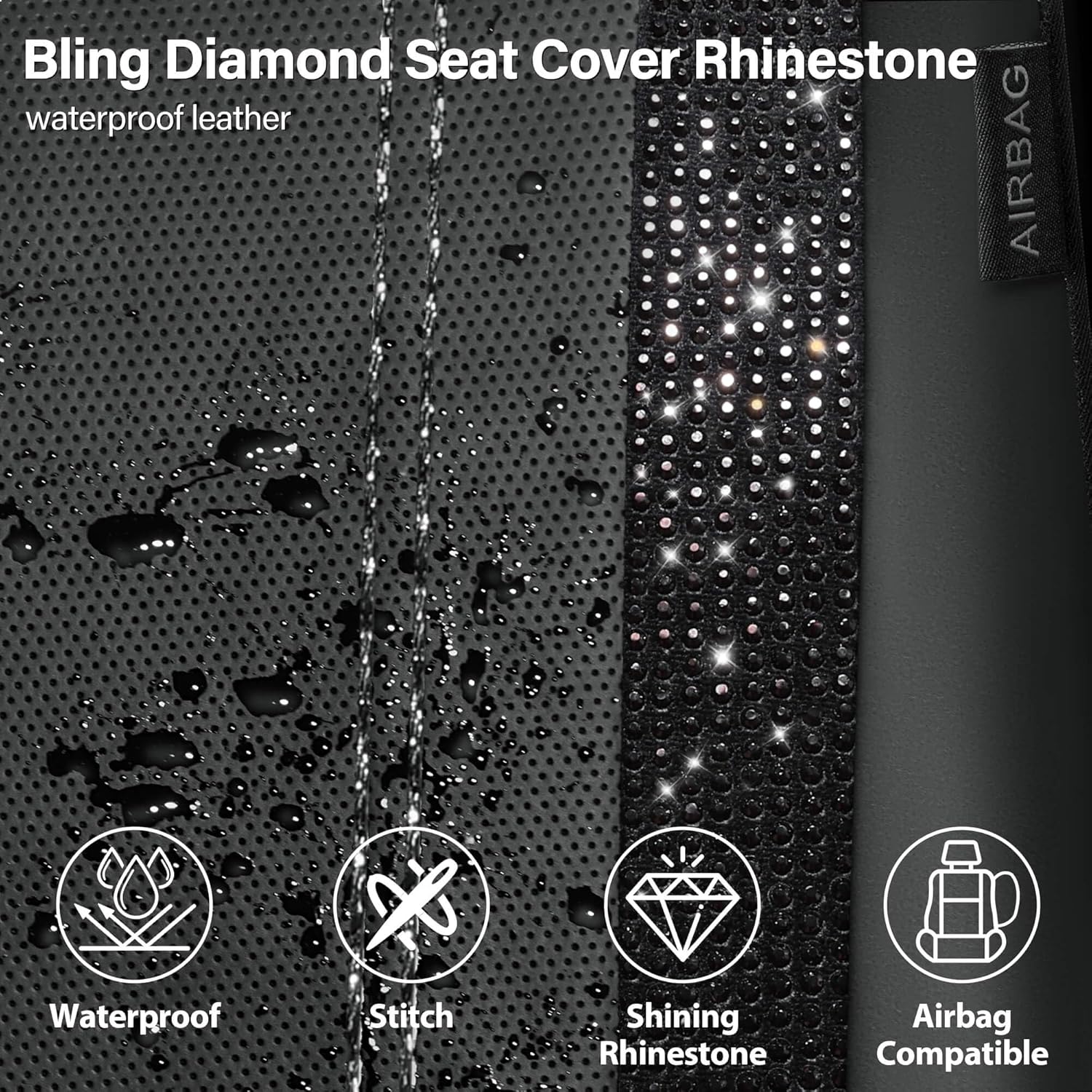 Leather Bling Diamond Car Seat Covers Full Set Rhinestone Waterproof Universal Fit Black