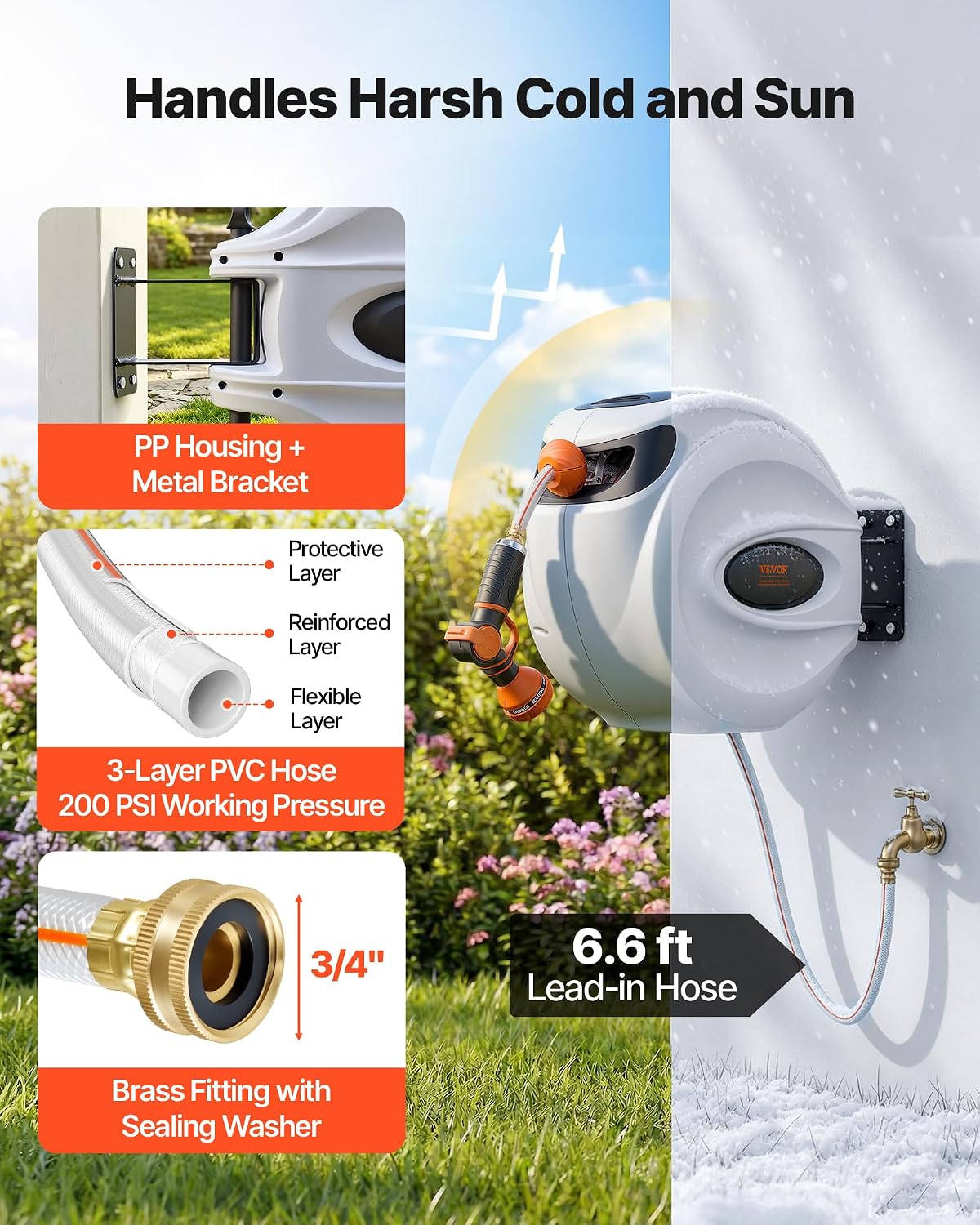 VEVOR Retractable Garden Hose Reel 100 ft x 1/2 inch with 9-Pattern Nozzle Wall-Mounted