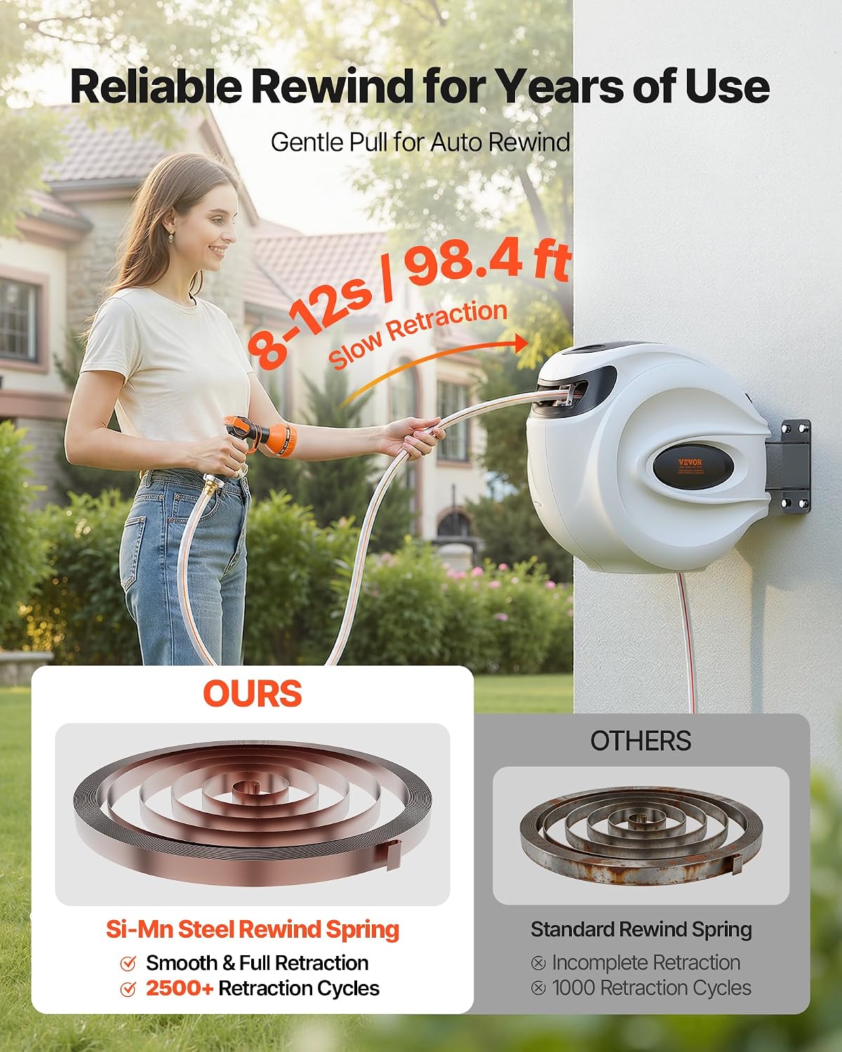 VEVOR Retractable Garden Hose Reel 100 ft x 1/2 inch with 9-Pattern Nozzle Wall-Mounted