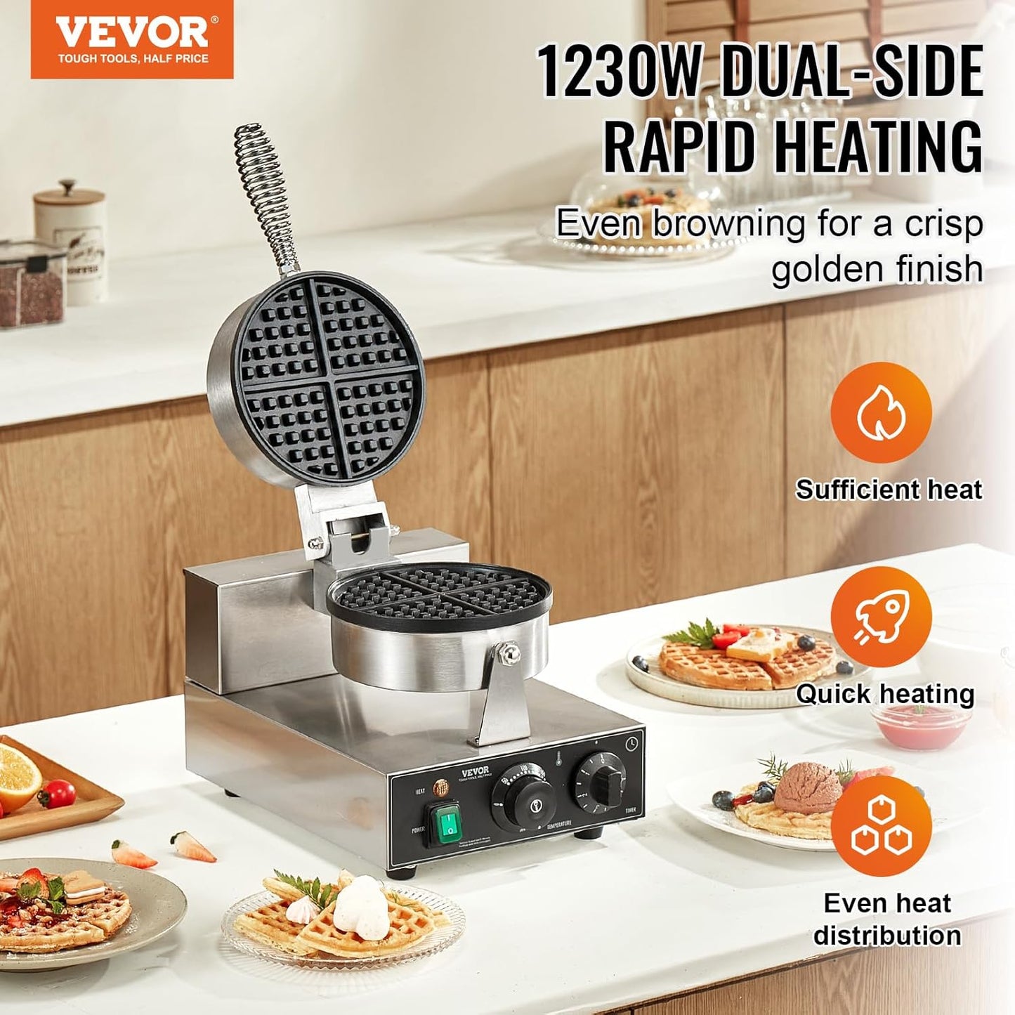 Commercial Waffle Maker 1230W Round Belgian Waffle Iron Non-Stick Stainless Steel with Temperature and Time Control