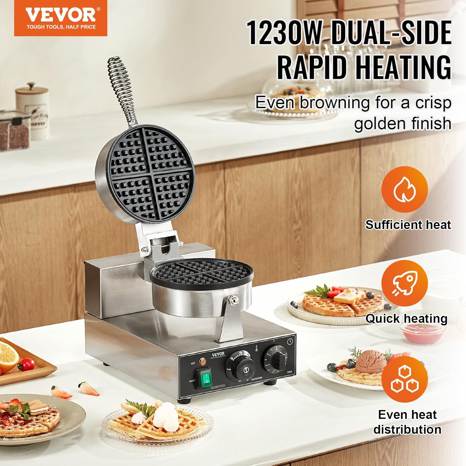 Commercial Waffle Maker 1230W Round Belgian Waffle Iron Non-Stick Stainless Steel with Temperature and Time Control