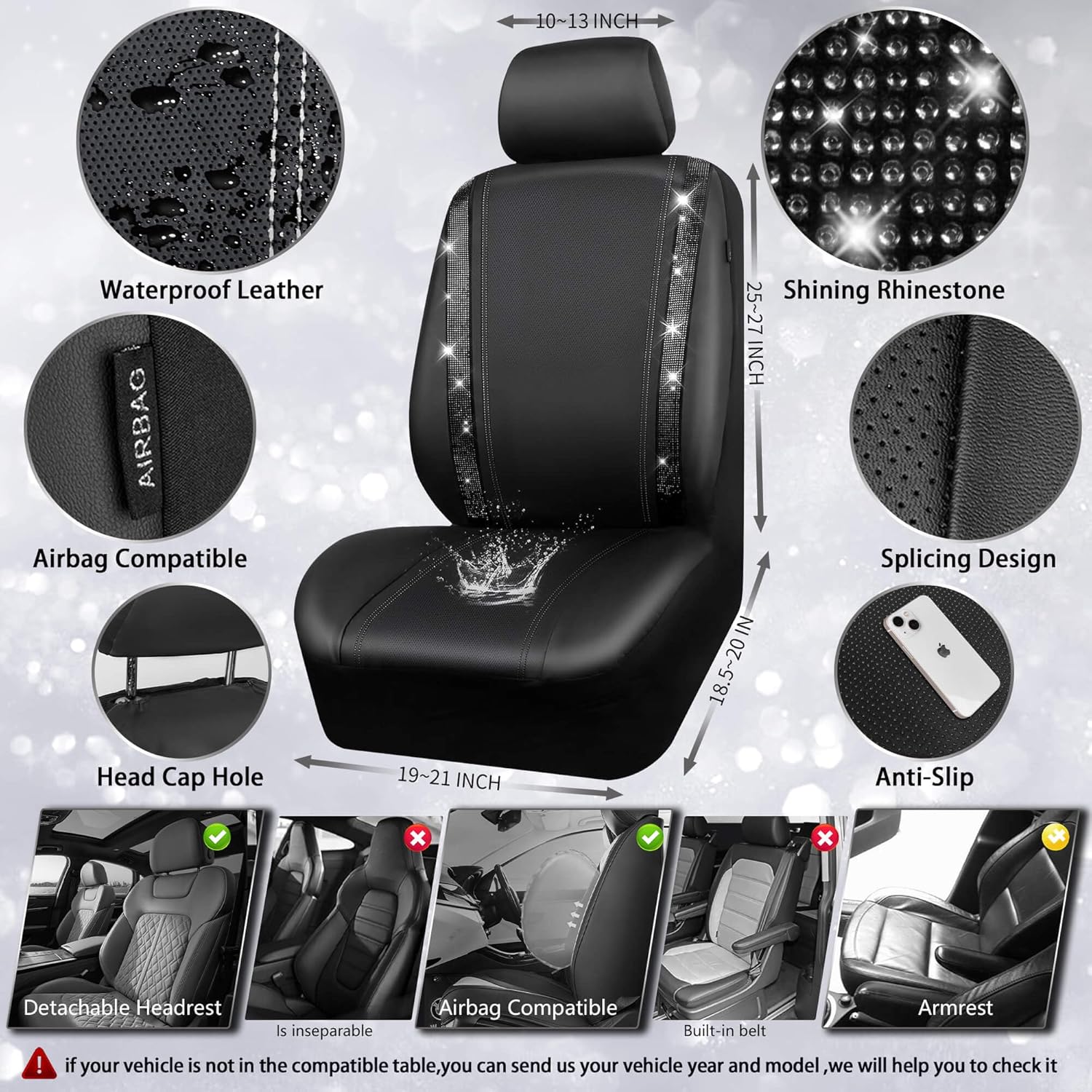 Leather Bling Diamond Car Seat Covers Full Set Rhinestone Waterproof Universal Fit Black