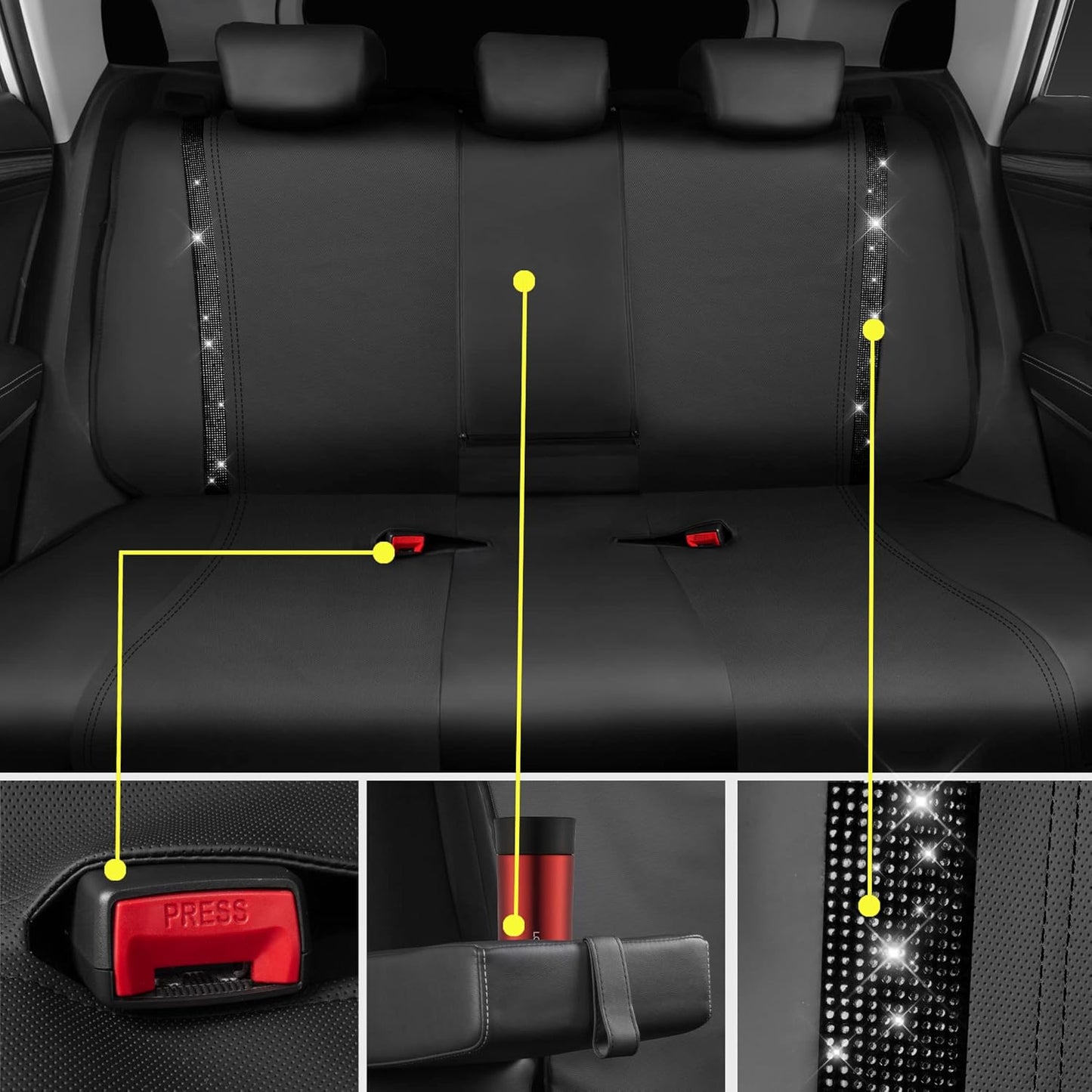 Leather Bling Diamond Car Seat Covers Full Set Rhinestone Waterproof Universal Fit Black