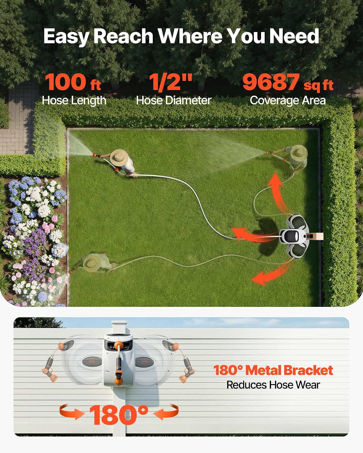 VEVOR Retractable Garden Hose Reel 100 ft x 1/2 inch with 9-Pattern Nozzle Wall-Mounted