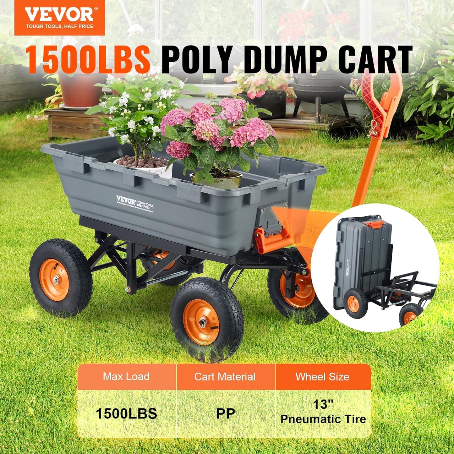 VEVOR 1500Lbs Poly Garden Dump Cart Wheelbarrow Wagon with 2 In 1 Convertible Handle