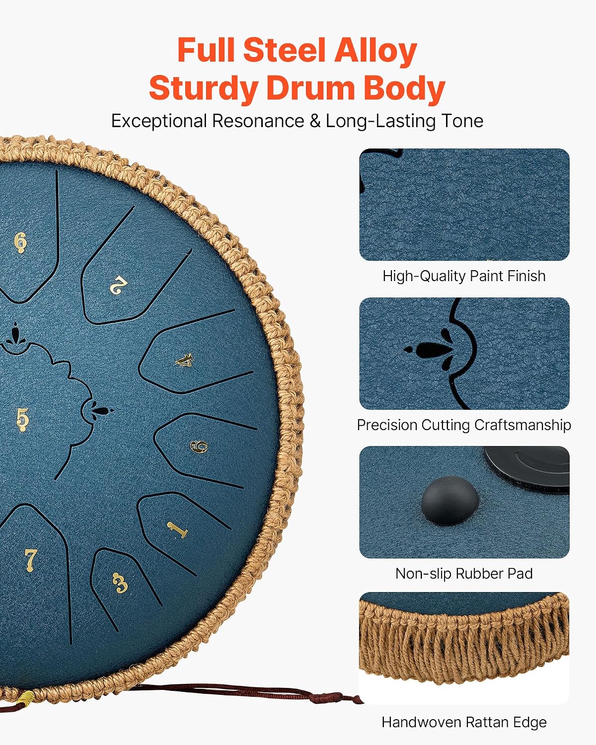 VEVOR Steel Tongue Drum 12 in 13 Notes C Major with Music Book & Mallets Navy Blue
