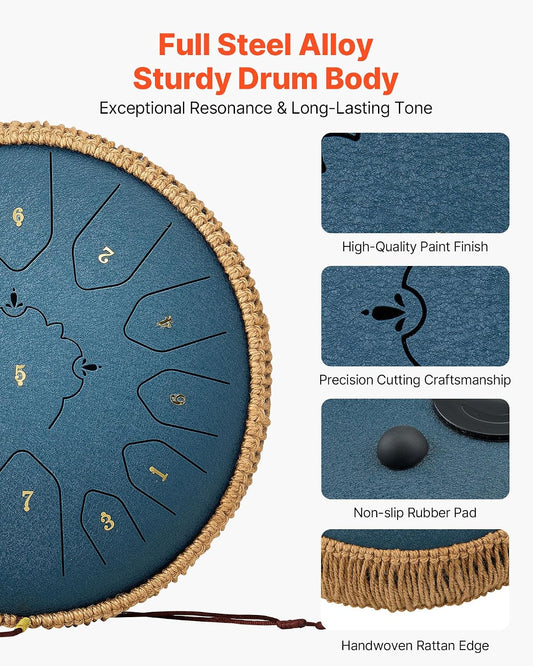 VEVOR Steel Tongue Drum 12 in 13 Notes C Major with Music Book & Mallets Navy Blue