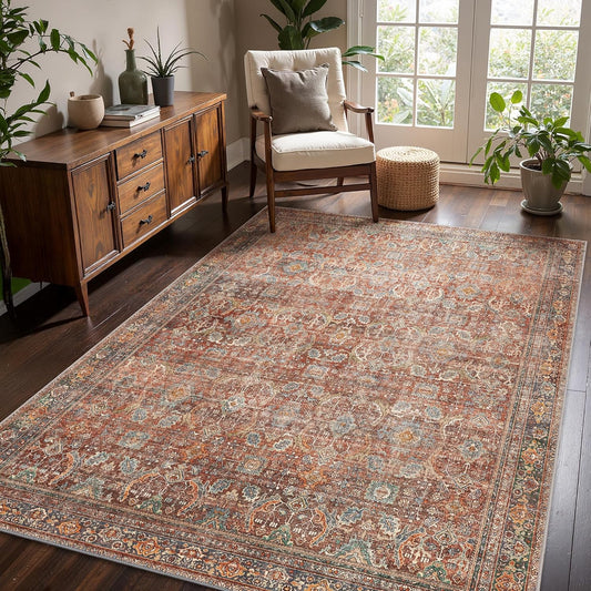 Machine Washable Boho Area Rug 8x10 Terracotta/Indigo