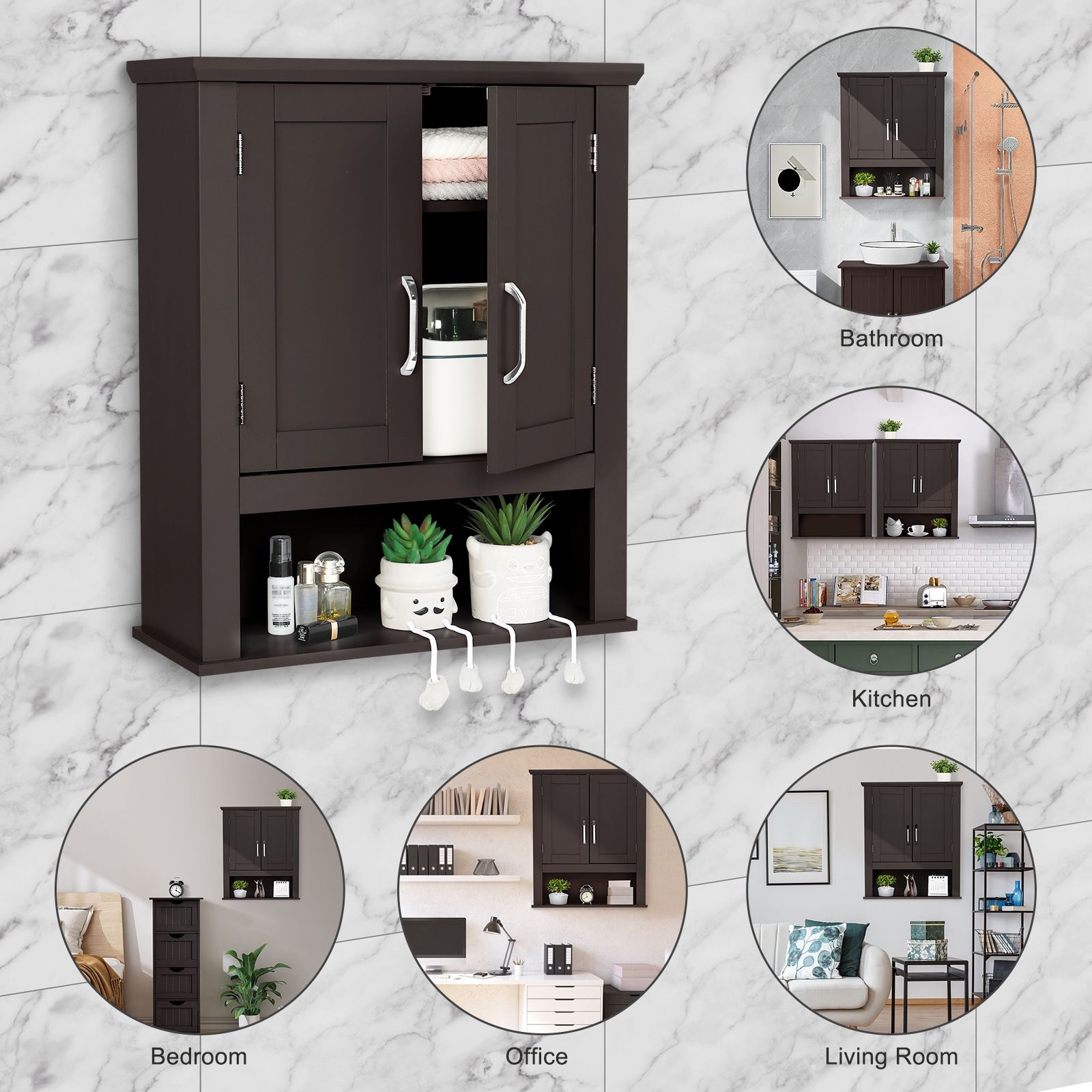 VINGLI Black Medicine Cabinet with Open Shelf and 2 Doors | LS-G13004945