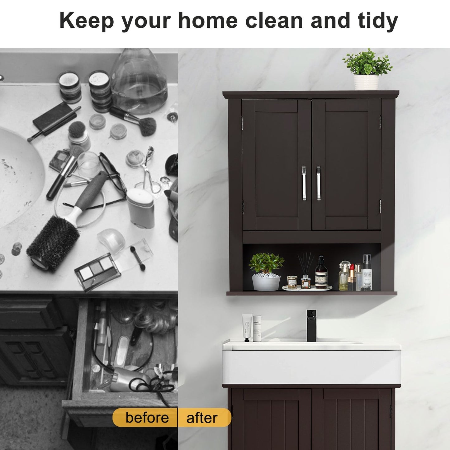 VINGLI Black Medicine Cabinet with Open Shelf and 2 Doors | LS-G13004945
