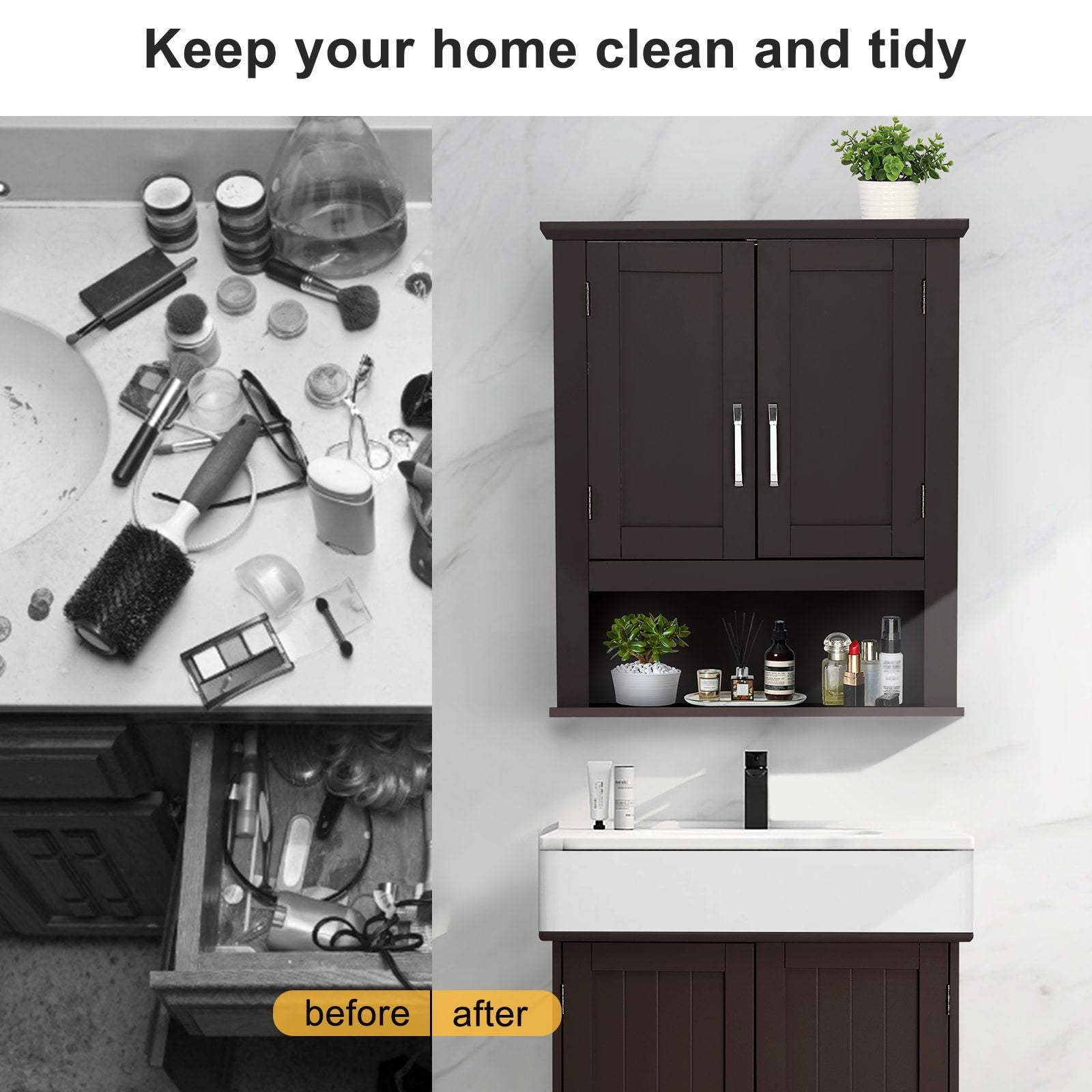 VINGLI Black Medicine Cabinet with Open Shelf and 2 Doors | LS-G13004945
