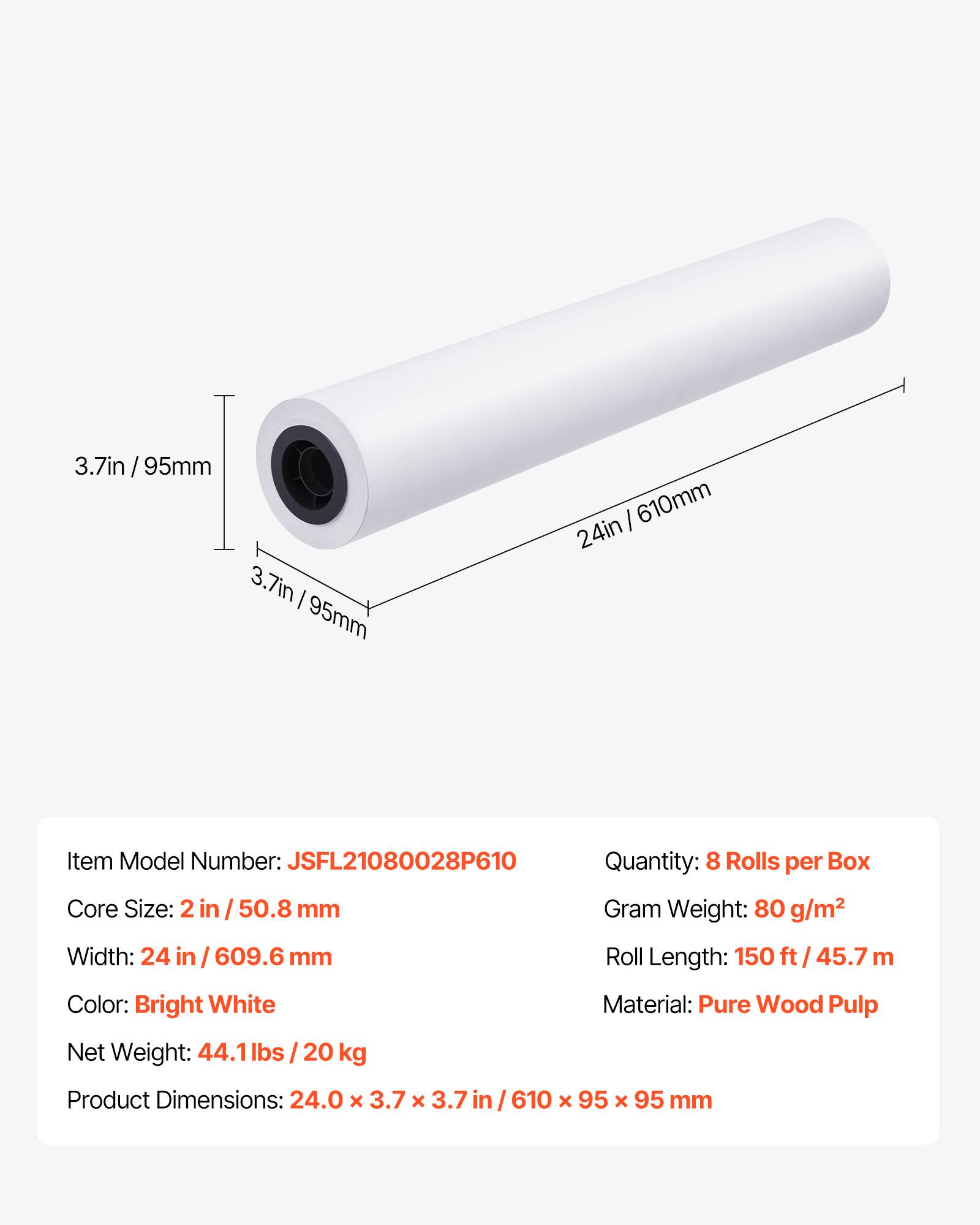 Wide Format Paper 24 In X 150 Ft Plotter Roll 8 Rolls CAD Bond 2 In Core 20 LB Bright White