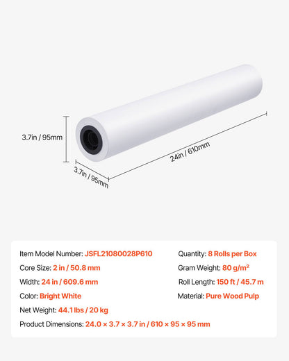 Wide Format Paper 24 In X 150 Ft Plotter Roll 8 Rolls CAD Bond 2 In Core 20 LB Bright White