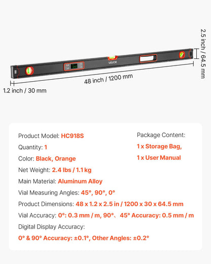 Digital Level 48 In Magnetic Electronic With LED Backlit Display 360° Black Orange