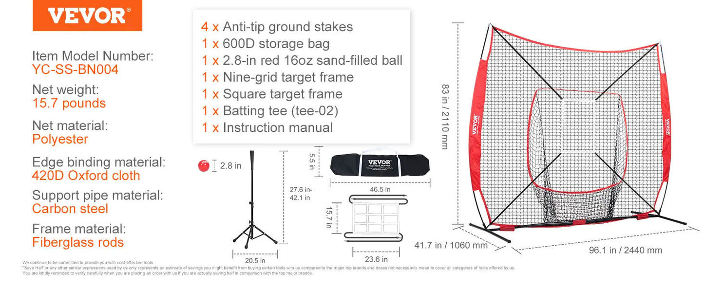 Baseball Softball Practice Net 7x7 Ft Portable Training Net with Bow Frame Carry Bag Strike Zone Ball Batting Tee