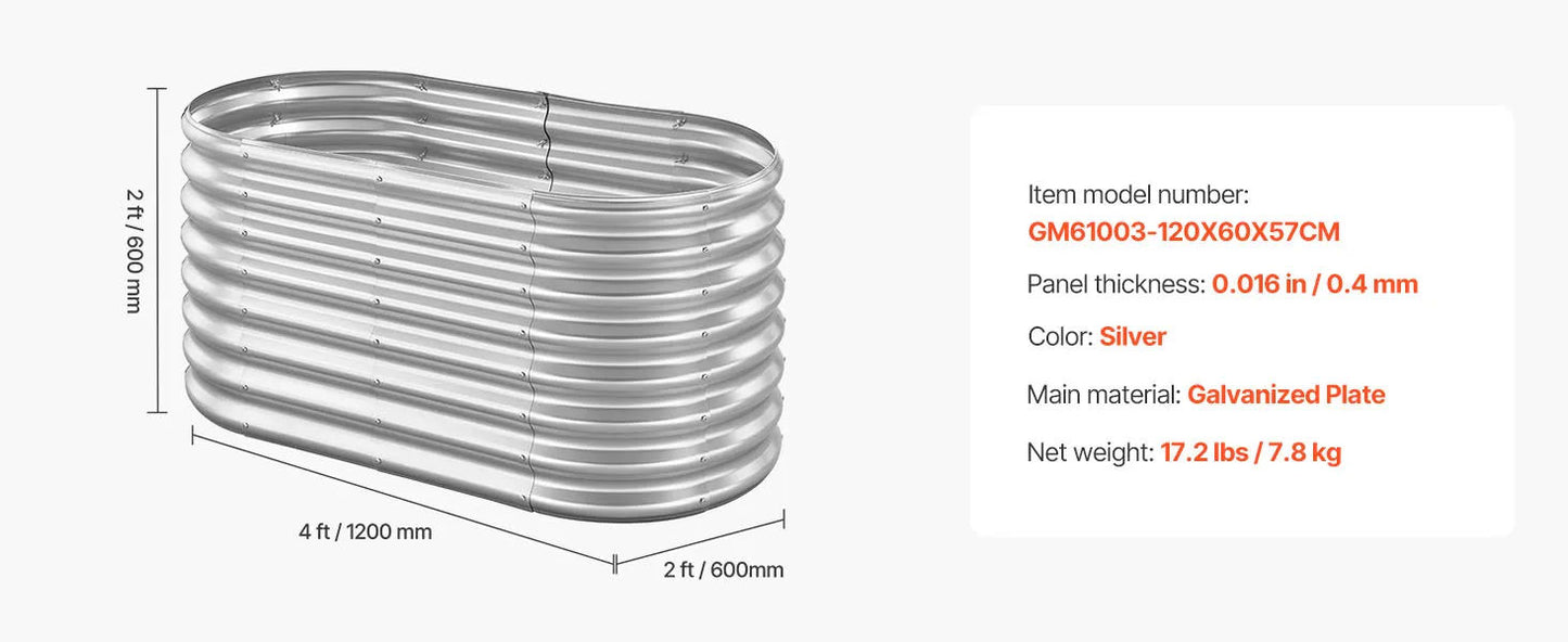 Metal Raised Garden Bed 4x2x2 ft Oval Galvanized Planter Box