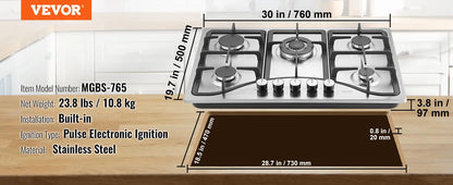 30-Inch Gas Cooktop 5 Burners Built-In 12250BTU Stainless Steel Hob