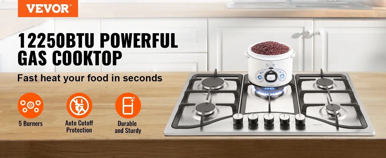 30-Inch Gas Cooktop 5 Burners Built-In 12250BTU Stainless Steel Hob