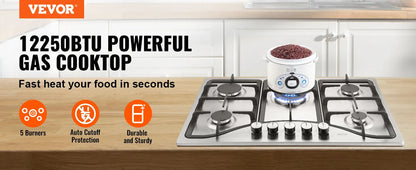 30-Inch Gas Cooktop 5 Burners Built-In 12250BTU Stainless Steel Hob