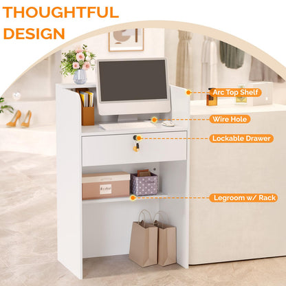 OmySalon RD Modern Wooden Reception Desk with Lockable Drawer and Legroom Rack