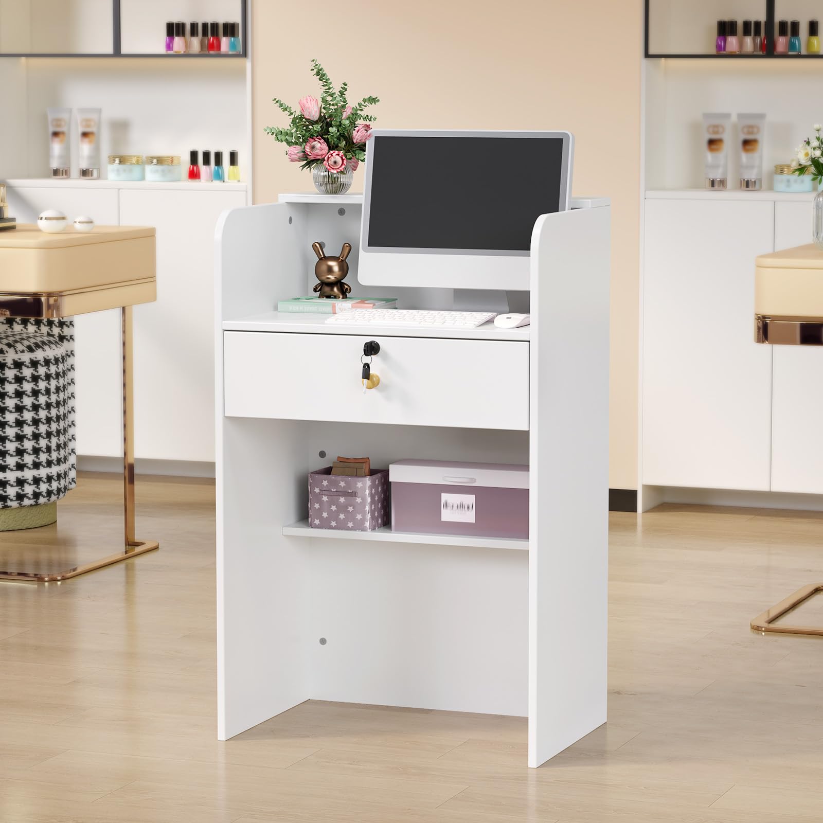 OmySalon RD Modern Wooden Reception Desk with Lockable Drawer and Legroom Rack