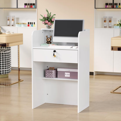 OmySalon RD Modern Wooden Reception Desk with Lockable Drawer and Legroom Rack
