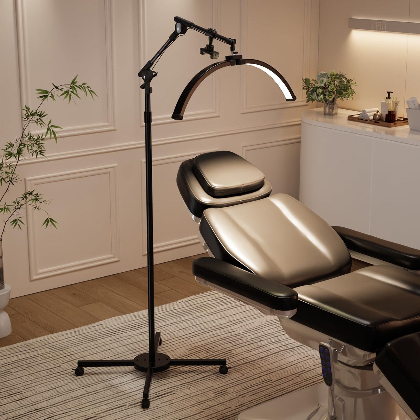 Height Adjustable Shadowless Half Moon LED Floor Lamp 3000-6500K Stepless Dimming Phone Holder