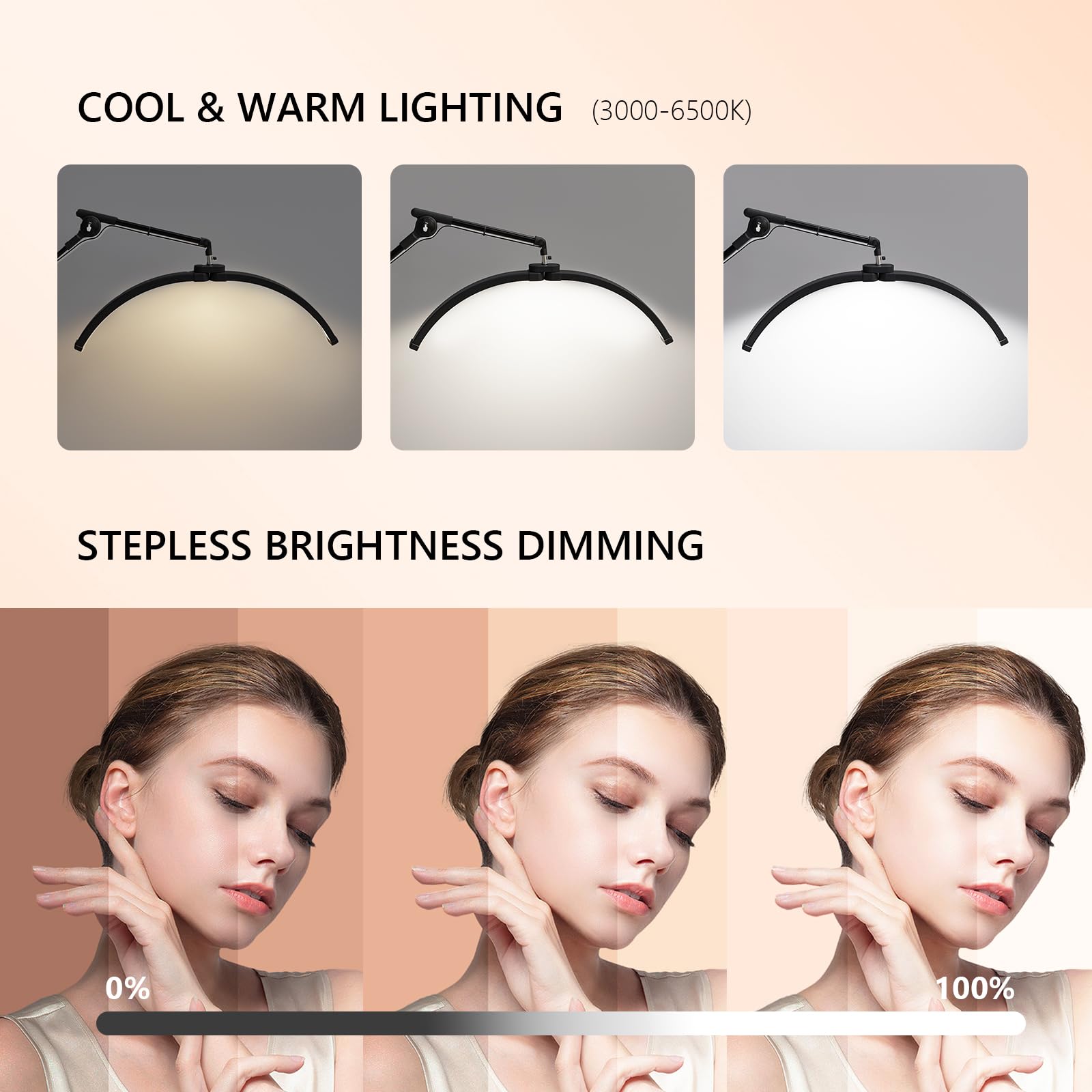 Height Adjustable Shadowless Half Moon LED Floor Lamp 3000-6500K Stepless Dimming Phone Holder