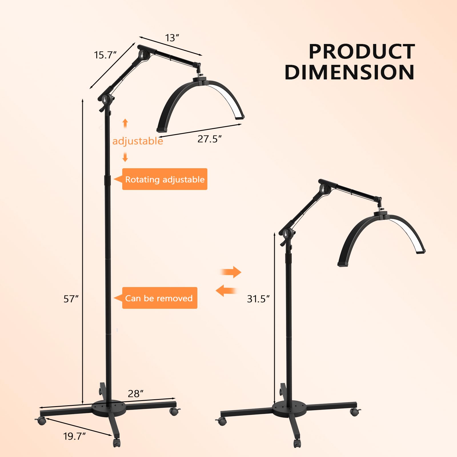 Height Adjustable Shadowless Half Moon LED Floor Lamp 3000-6500K Stepless Dimming Phone Holder