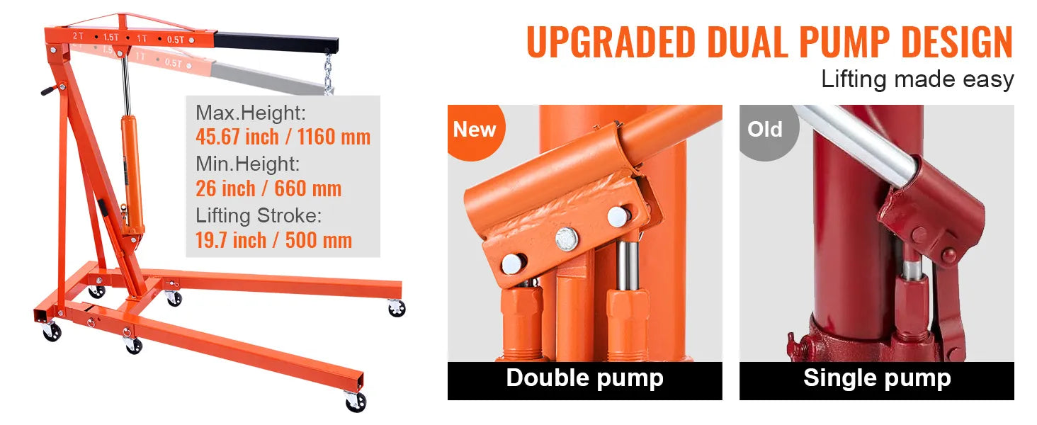 Hydraulic Long Ram Jack 8 Ton Engine Hoist Cylinder Double Piston Pump Clevis Base