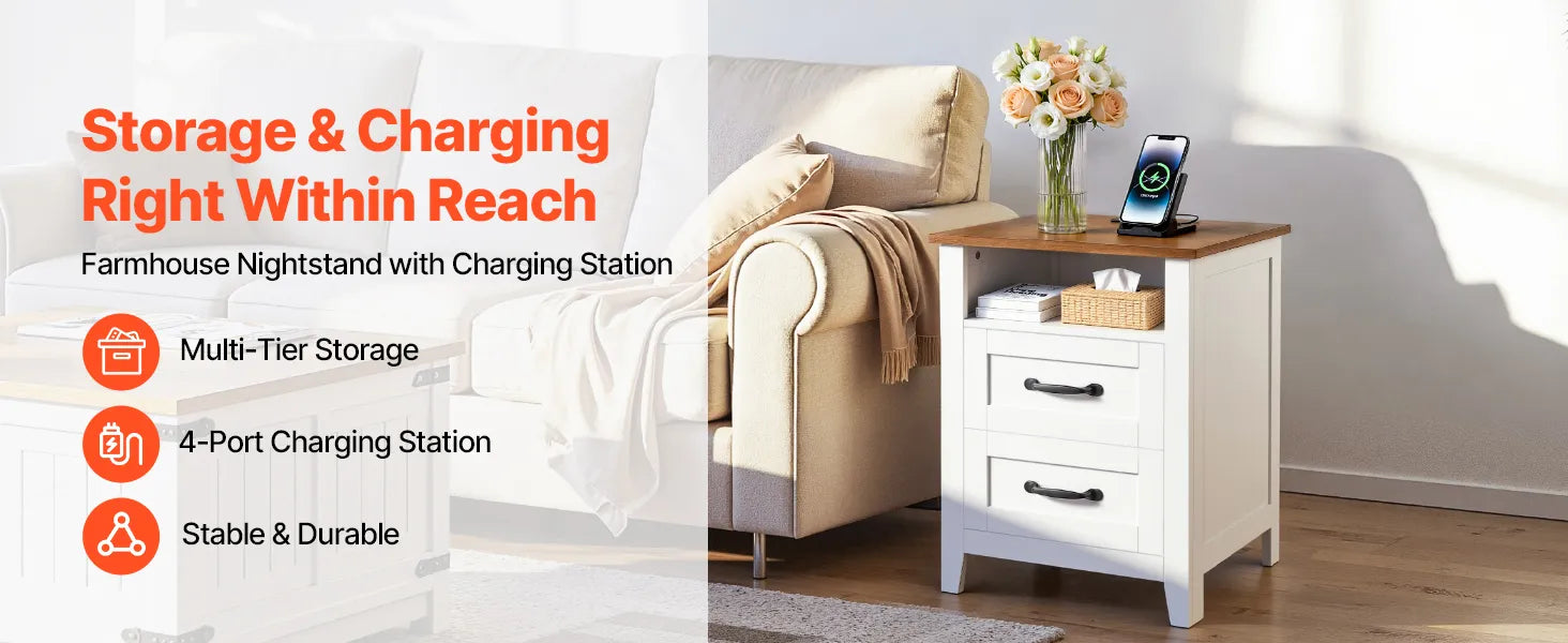 Farmhouse Nightstands with Charging Station Set of 2