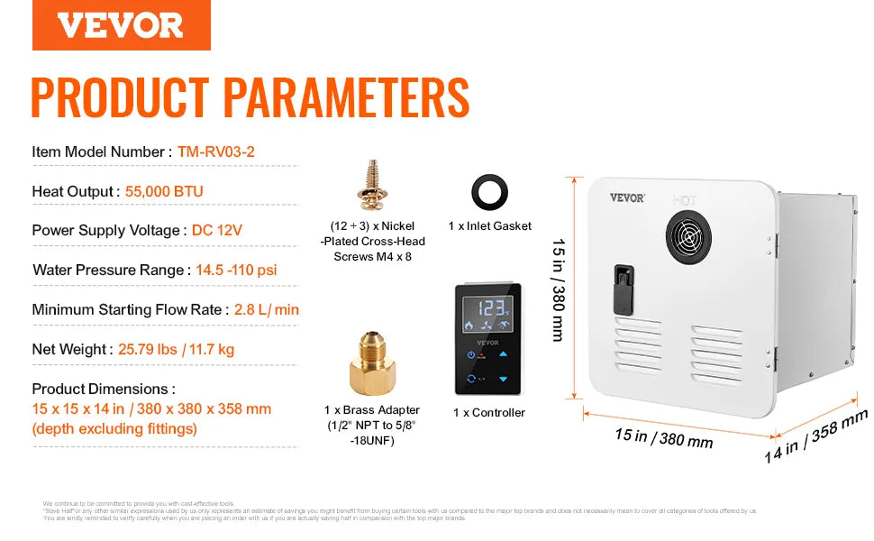 RV Tankless Water Heater 55000BTU Instant Shower with 15x15in White Door and Remote Controller