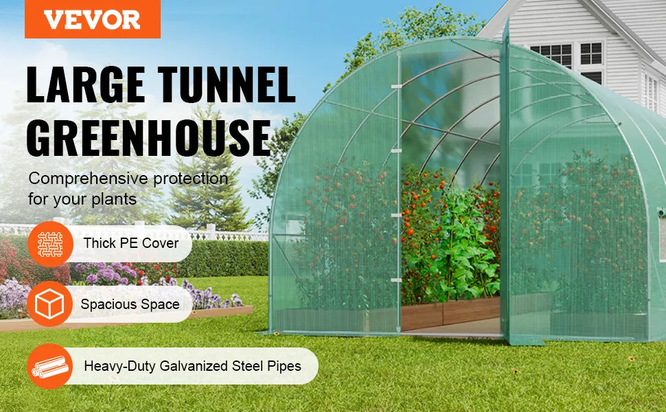 Walk-in Tunnel Greenhouse 19.4x9.7x7.4 Ft Hoop House with Galvanized Steel Frame Green PE Cover