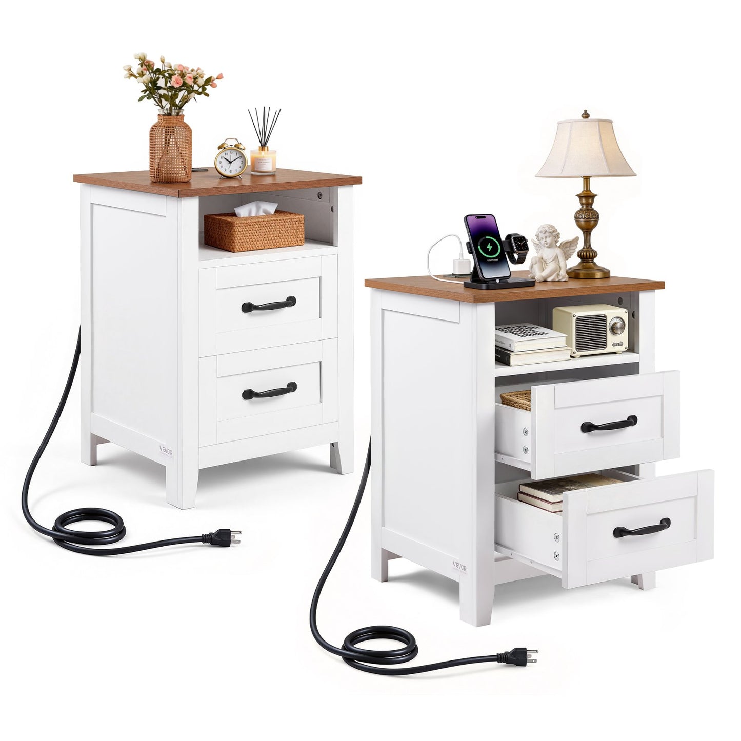 Farmhouse Nightstands with Charging Station Set of 2
