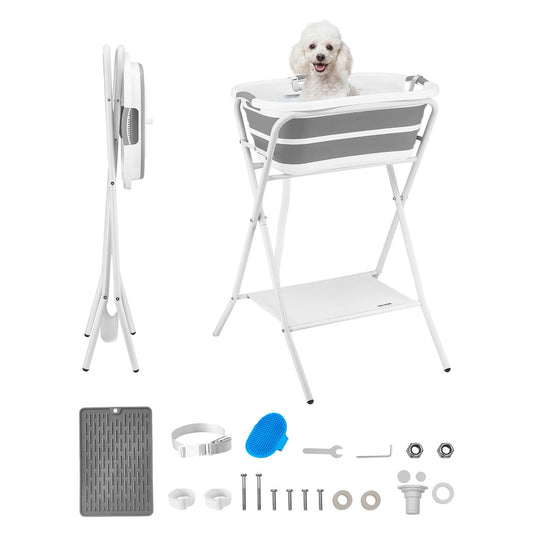 Elevated Collapsible Pet Bathing Grooming Wash Station with Drain Hose, Gray & White