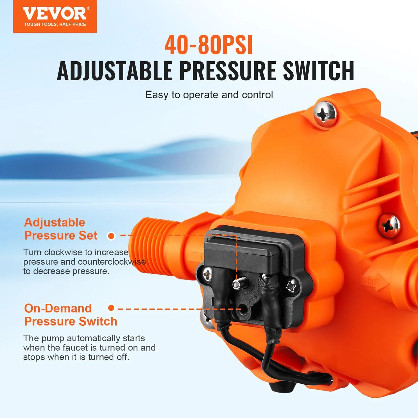 RV Water Diaphragm Pump 3.3 GPM 45 PSI Adjustable Pressure Self Priming 110V