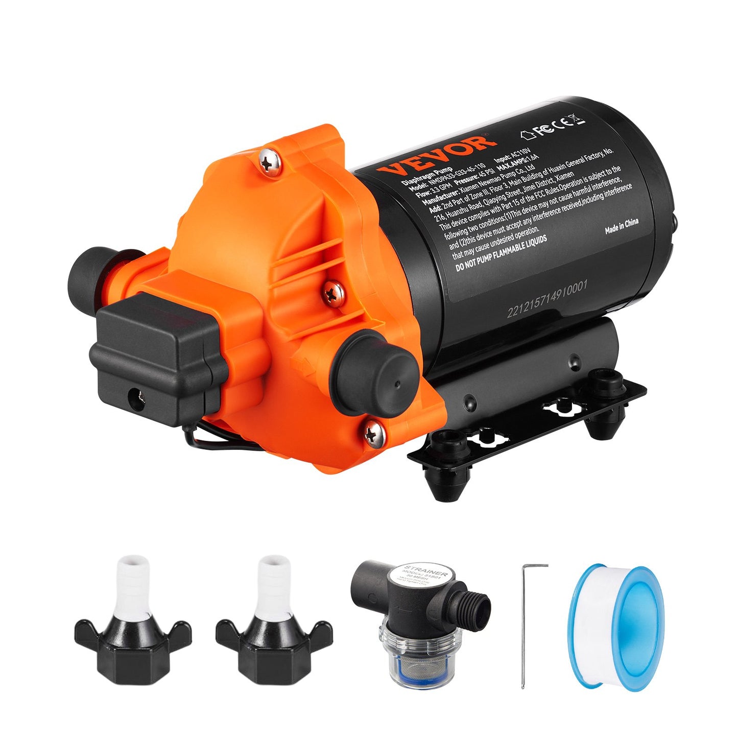 RV Water Diaphragm Pump 3.3 GPM 45 PSI Adjustable Pressure Self Priming 110V