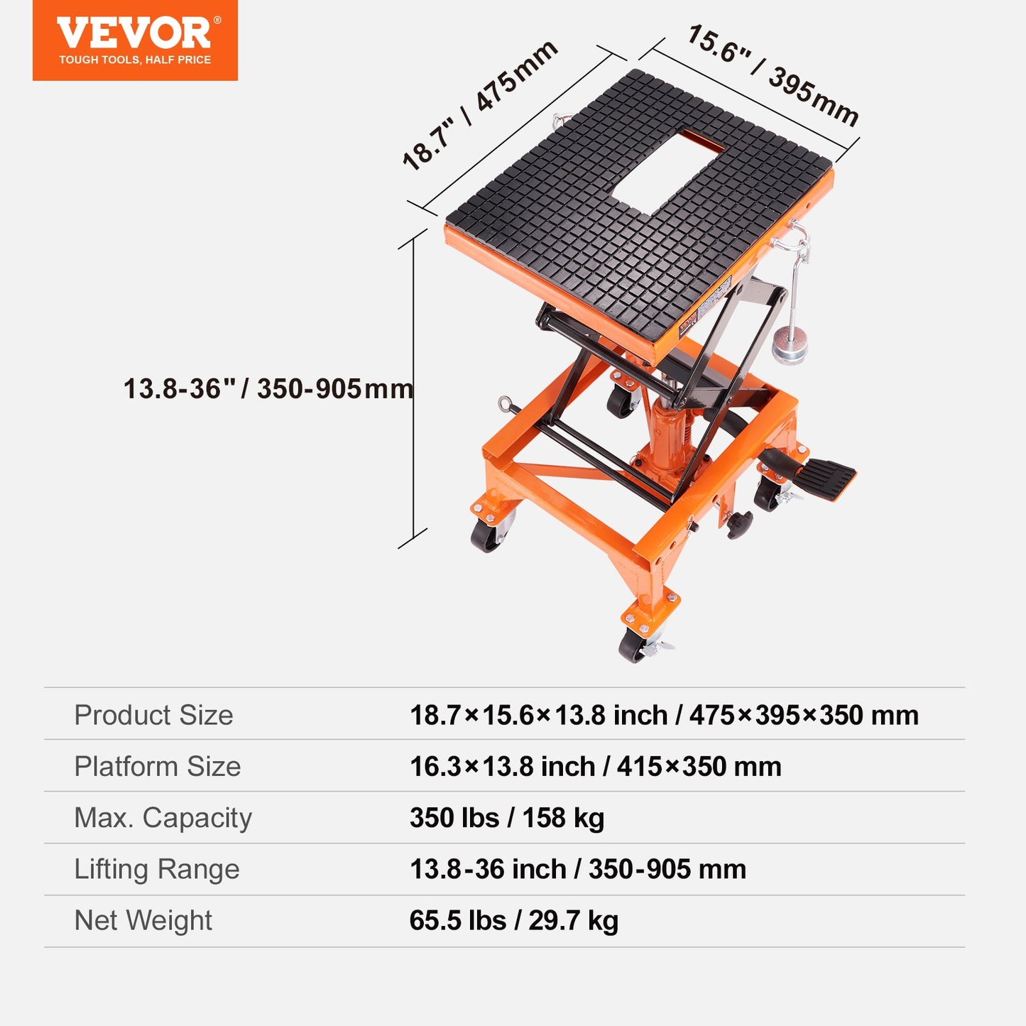 Hydraulic Motorcycle Lift Table 350 LBS Capacity Scissor Jack with Wide Deck