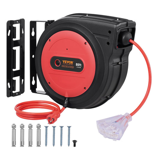 Retractable Extension Cord Reel 80 FT Heavy Duty 12AWG/3C SJTOW Power Cord with Lighted Triple Tap Outlet 15 Amp Circuit Breaker 180° Swivel Bracket for Ceiling or Wall Mount