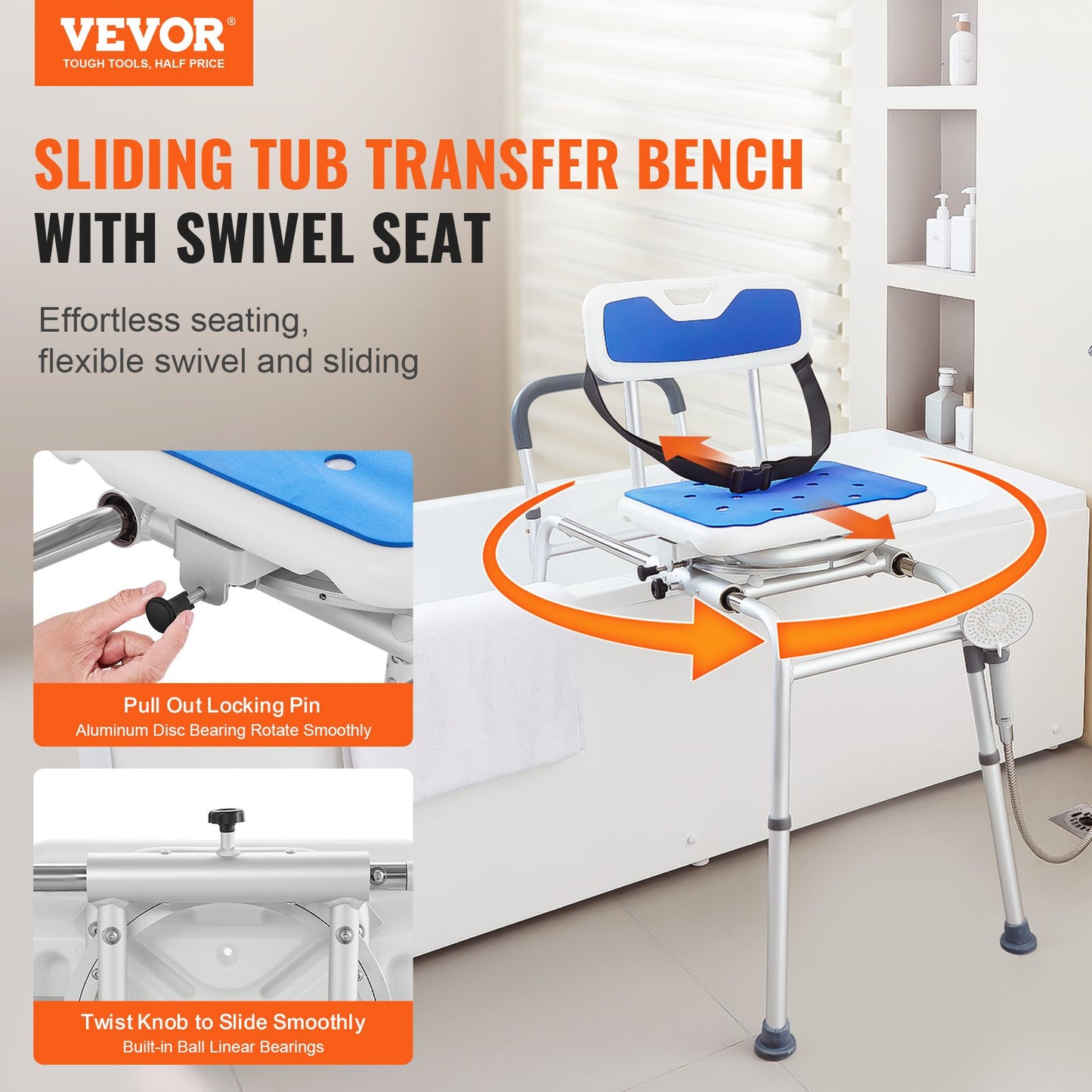 Sliding Tub Transfer Bench 360 Degree Swivel Seat Height Adjustable Bathtub Bench with Armrest Safety Belt Non-Slip Rotating Shower Chair 400 LBS Capacity