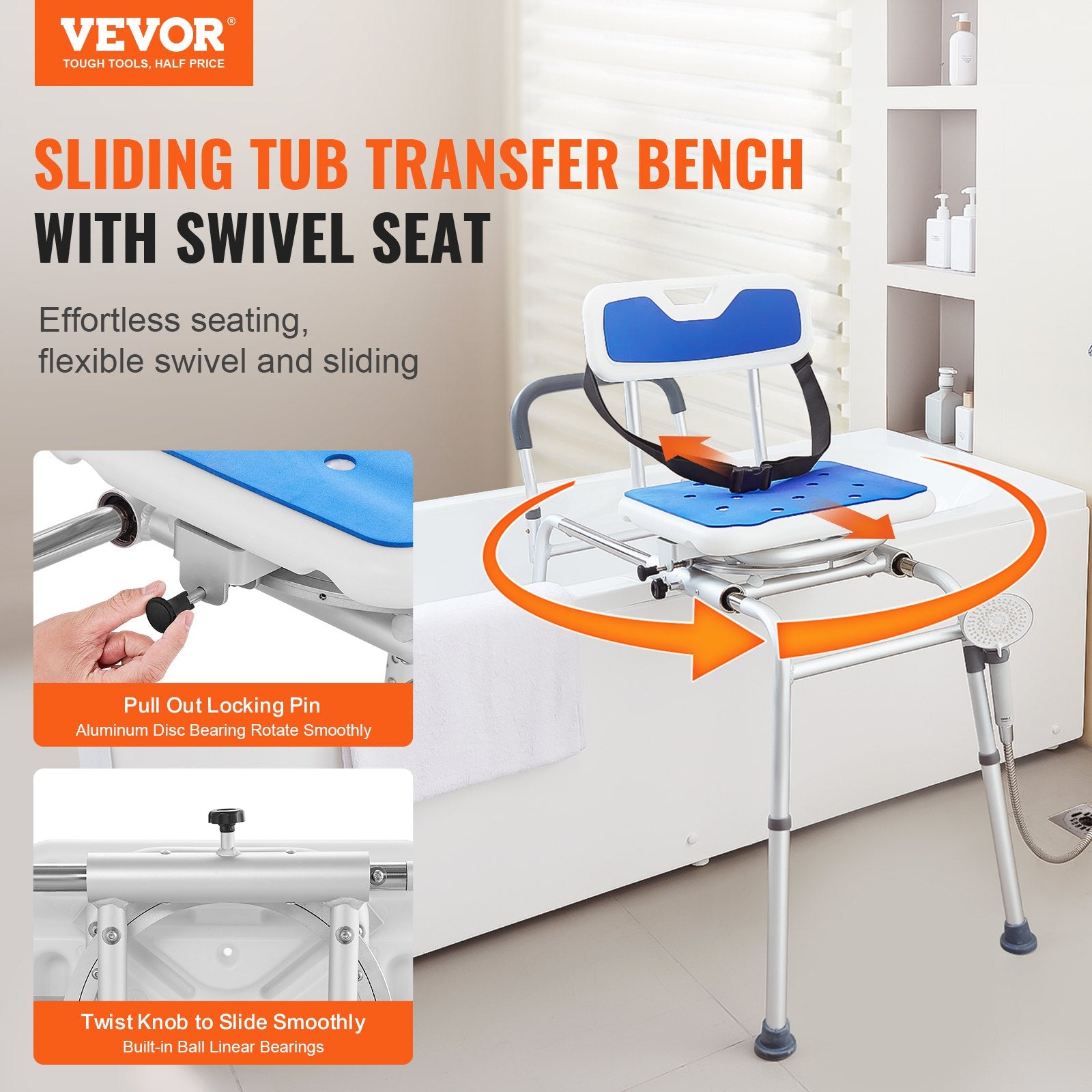Sliding Tub Transfer Bench 360 Degree Swivel Seat Height Adjustable Bathtub Bench with Armrest Safety Belt Non-Slip Rotating Shower Chair 400 LBS Capacity