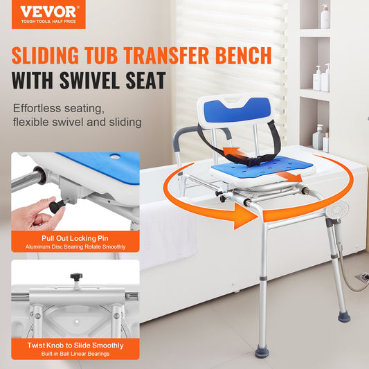 Sliding Tub Transfer Bench 360 Degree Swivel Seat Height Adjustable Bathtub Bench with Armrest Safety Belt Non-Slip Rotating Shower Chair 400 LBS Capacity