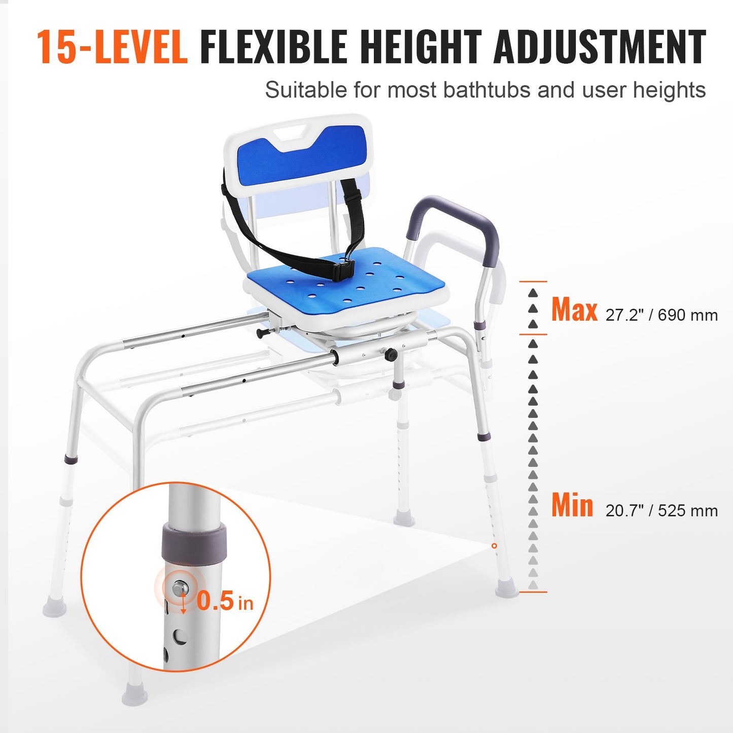 Sliding Tub Transfer Bench 360 Degree Swivel Seat Height Adjustable Bathtub Bench with Armrest Safety Belt Non-Slip Rotating Shower Chair 400 LBS Capacity