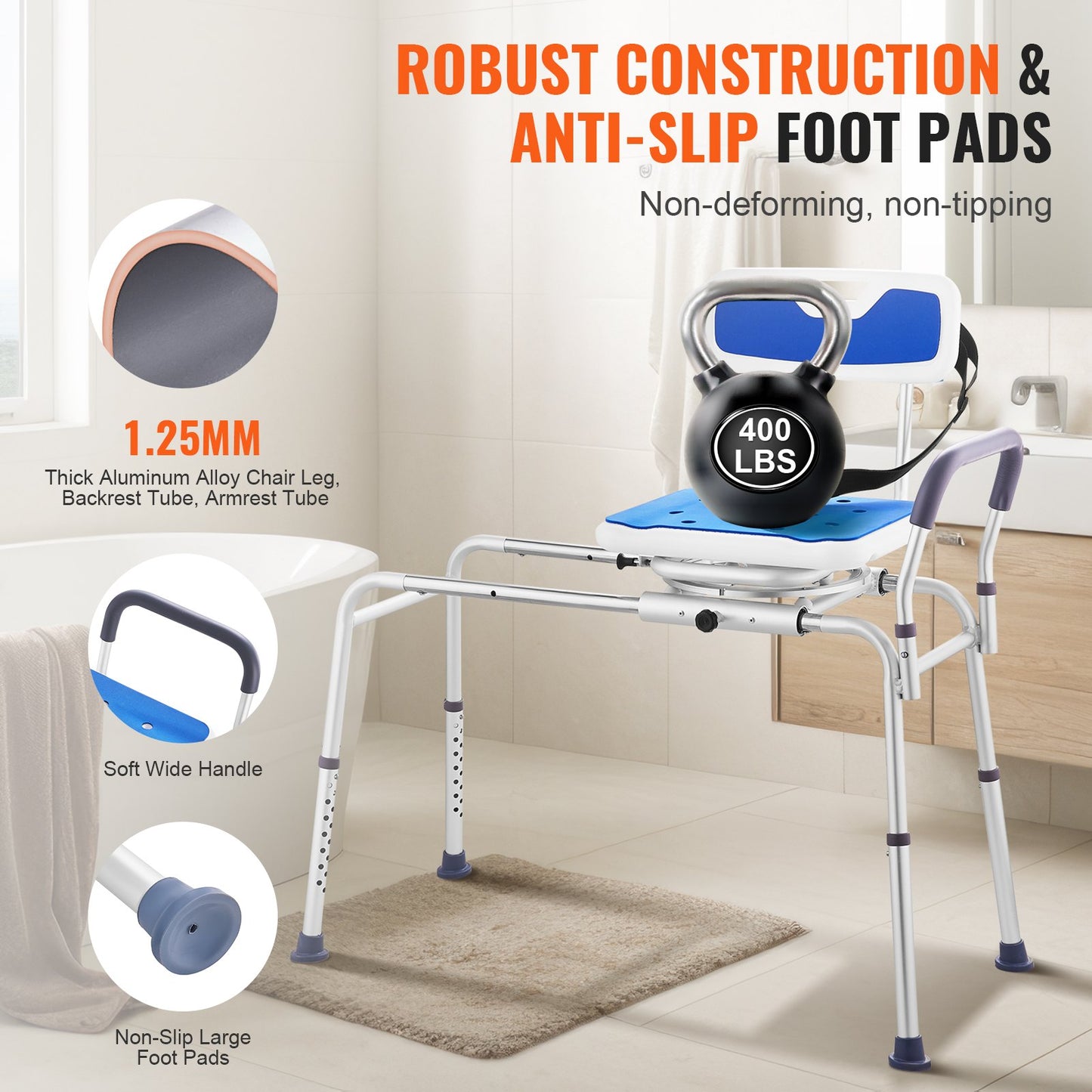 Sliding Tub Transfer Bench 360 Degree Swivel Seat Height Adjustable Bathtub Bench with Armrest Safety Belt Non-Slip Rotating Shower Chair 400 LBS Capacity