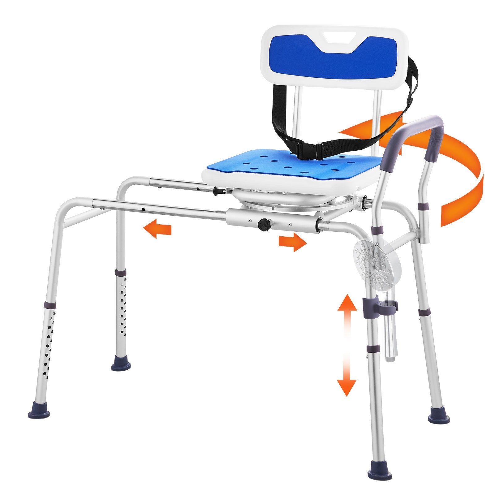 Sliding Tub Transfer Bench 360 Degree Swivel Seat Height Adjustable Bathtub Bench with Armrest Safety Belt Non-Slip Rotating Shower Chair 400 LBS Capacity