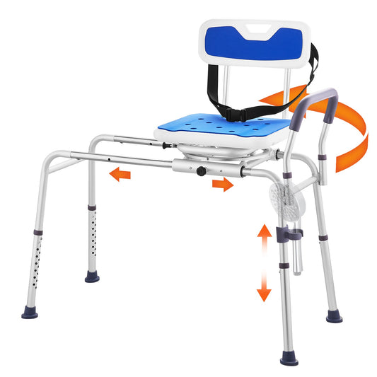 Sliding Tub Transfer Bench 360 Degree Swivel Seat Height Adjustable Bathtub Bench with Armrest Safety Belt Non-Slip Rotating Shower Chair 400 LBS Capacity
