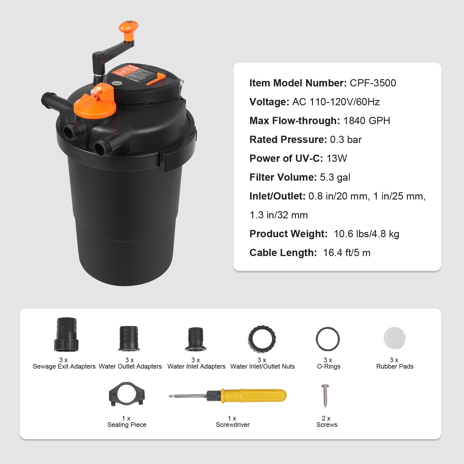VEVOR Bio Pressure Pond Filter 2000 Gal 13W UV-C 1840 GPH