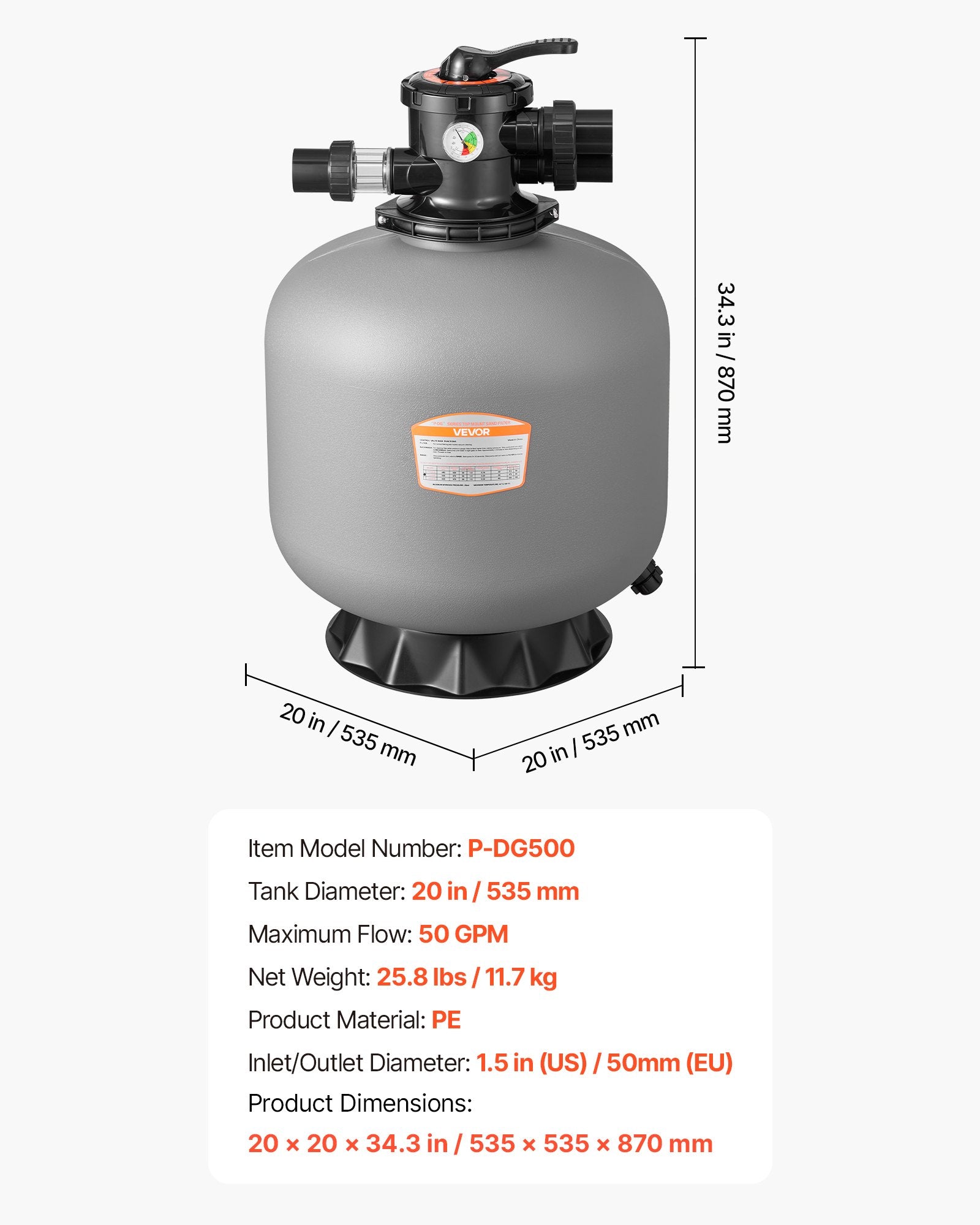 20-Inch 50 GPM Above Inground Pool Sand Filter System with 7-Way Valve