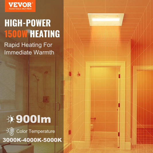 VEVOR Bathroom Exhaust Fan – 1500W Heat, 110 CFM Ventilation, Low Noise Ceiling Fan (1.5 Sones)