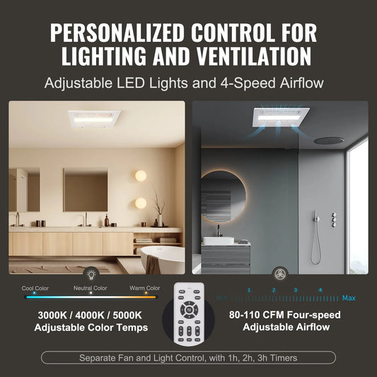 VEVOR Bathroom Exhaust Fan – 1500W Heat, 110 CFM Ventilation, Low Noise Ceiling Fan (1.5 Sones)